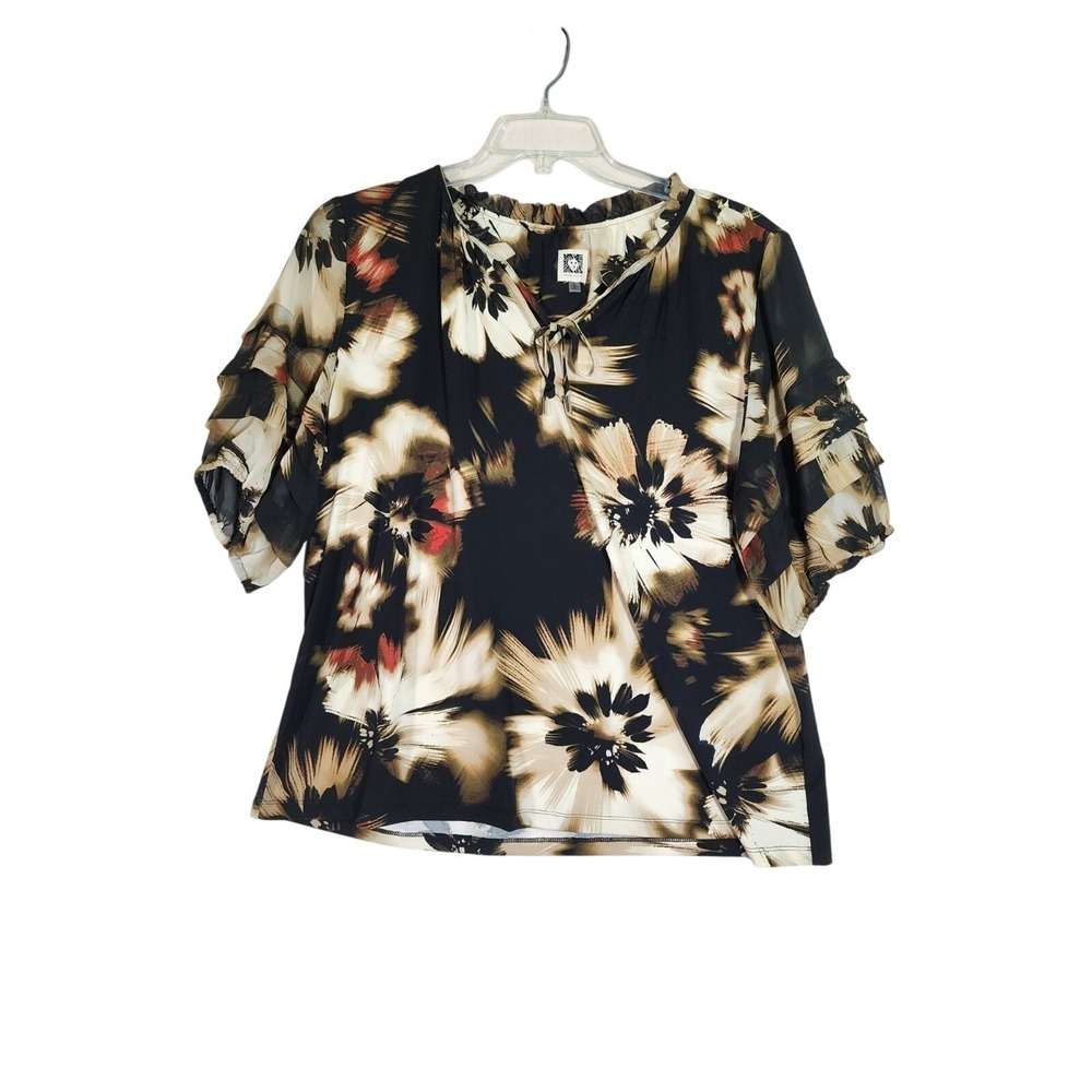 Anne Klein XL Floral Blouse Black Beige Ruffle Sleeve Career Top Flowy Office